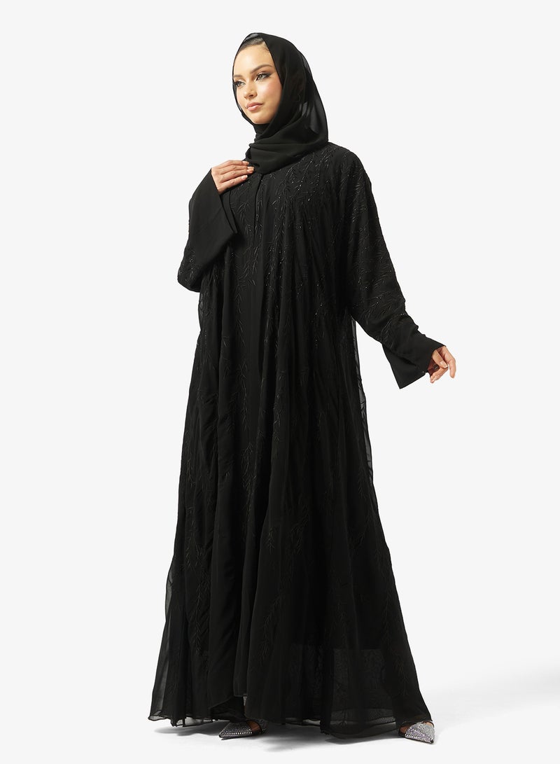 هيا كلوزيت عباية مفتوحة مطرزة بزخارف زهور وياقة على شكل - Image 1